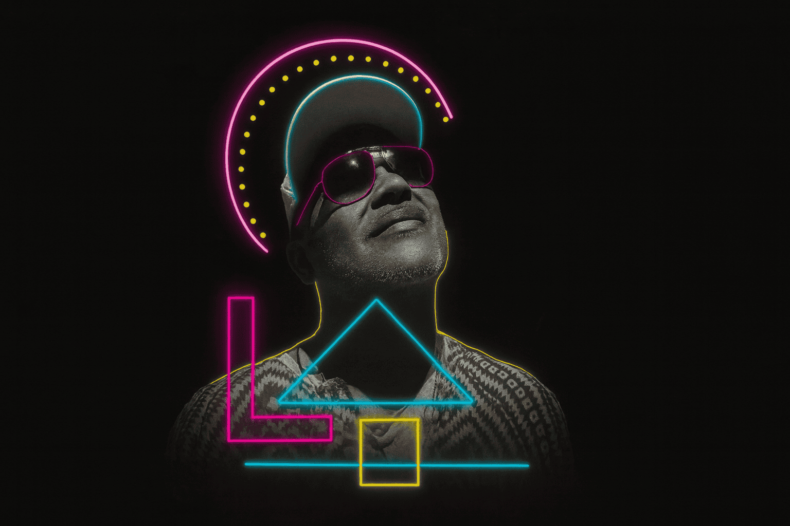 Howie Bounce with neon lights and sunglasses, promoting The King of The Jingle.