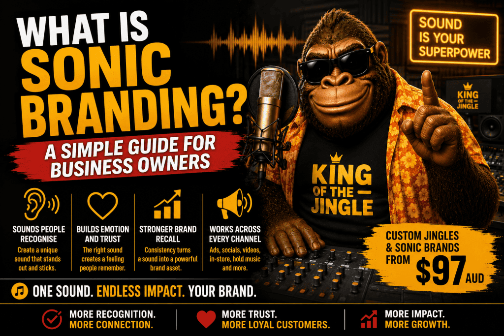 Howie Bounce, the gorilla, promoting sonic branding and custom jingles for business.
