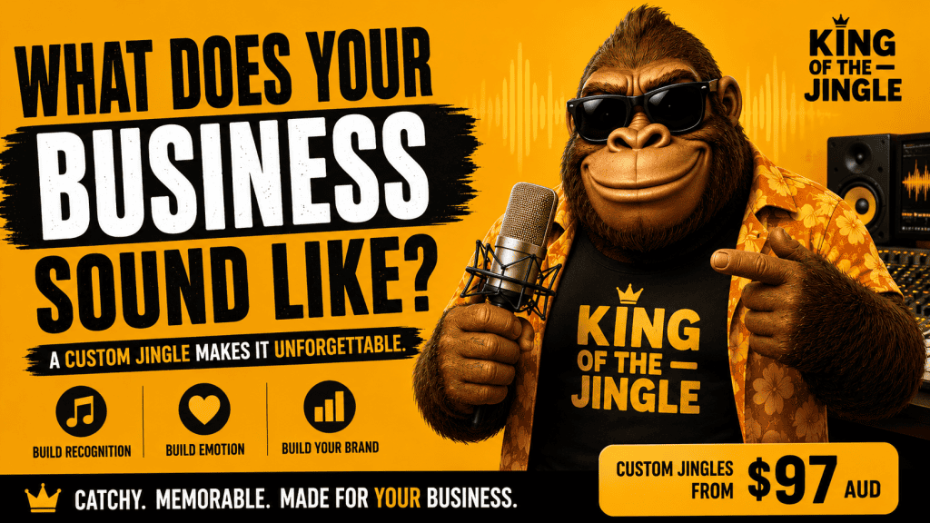Howie Bounce, the gorilla, promoting custom jingles for businesses on a vibrant yellow background.