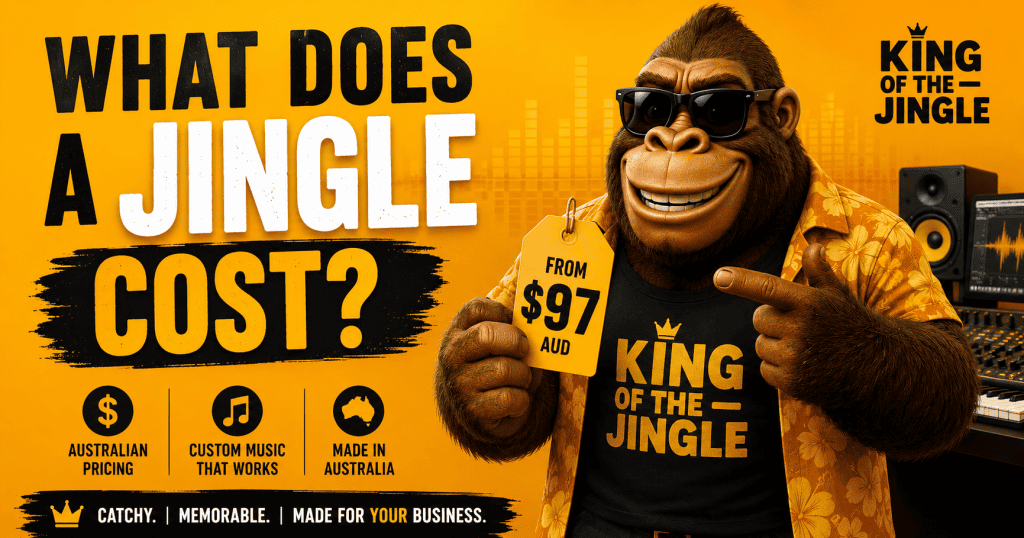 Howie Bounce, the gorilla, promoting King of The Jingle services with pricing details.